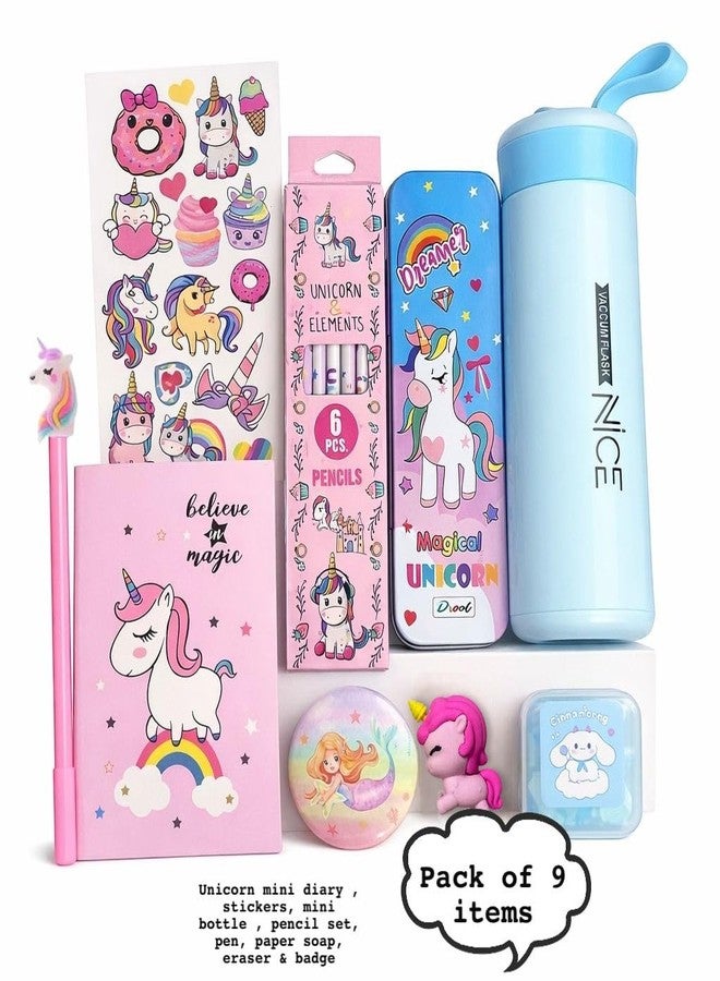 Le Delite Unicorn Gift Combo Set for Girls, 9 Piece Stationery Set with Diary, Stickers, Pen, Pencil Box, Water Bottle, Paper Soap, Badge and Eraser, Age 6-12 Years, Multicolor - Image 2